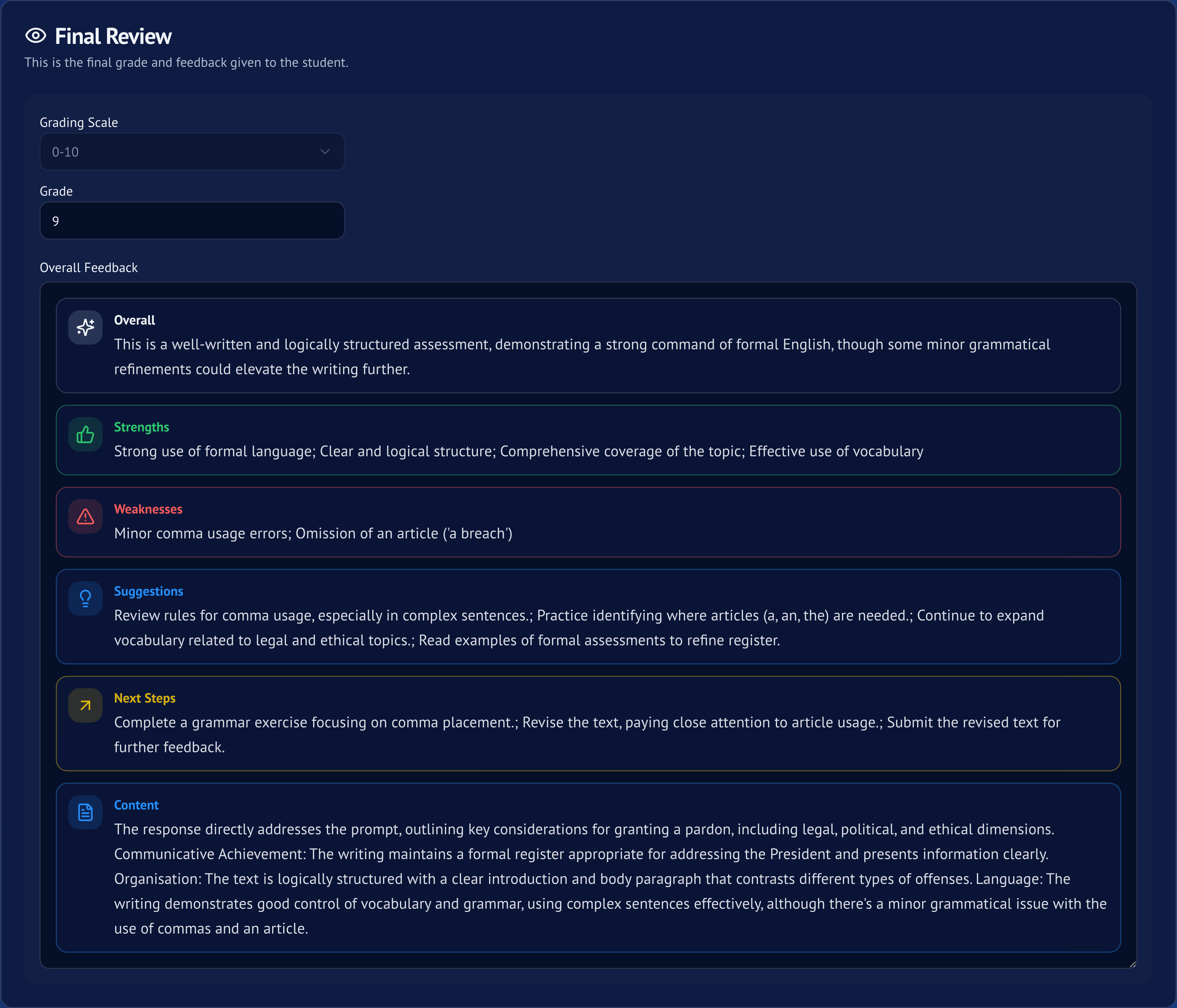 Final review with grade, overall feedback, strengths, areas for improvement, and action steps