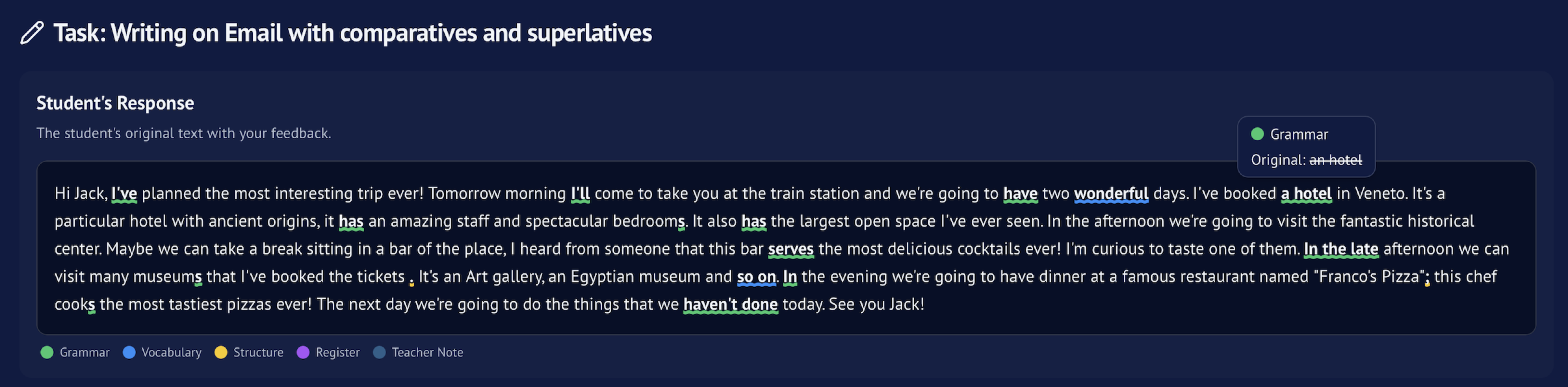 AI-powered writing feedback with grammar, vocabulary, and structure corrections highlighted in context