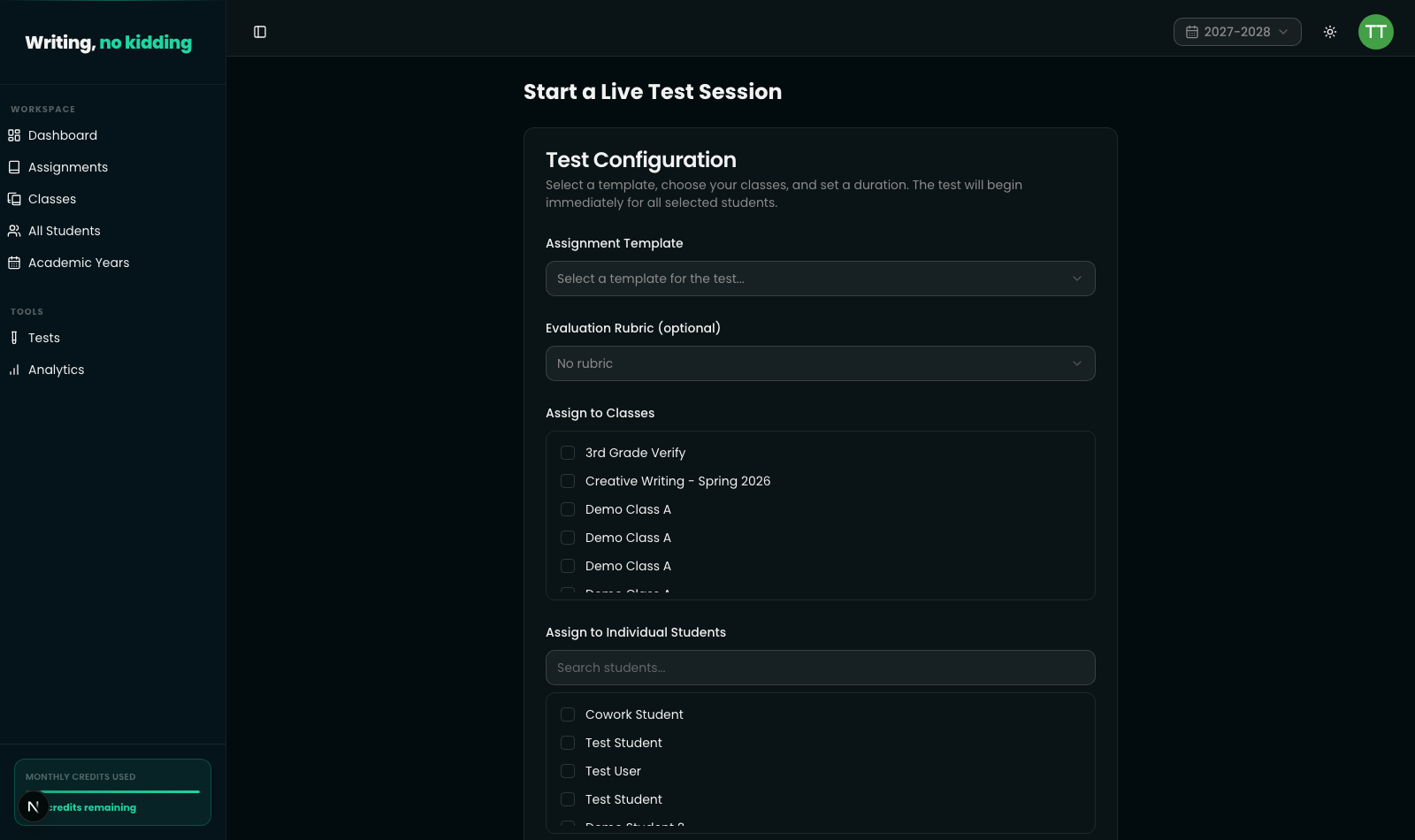 Start a Live Test Session page in Writing, no kidding, with the left navigation showing Dashboard, Assignments, Classes, All Students, Academic Years, Tests, and Analytics — the in-app test lockdown lives here, separate from Chromebook-level device management