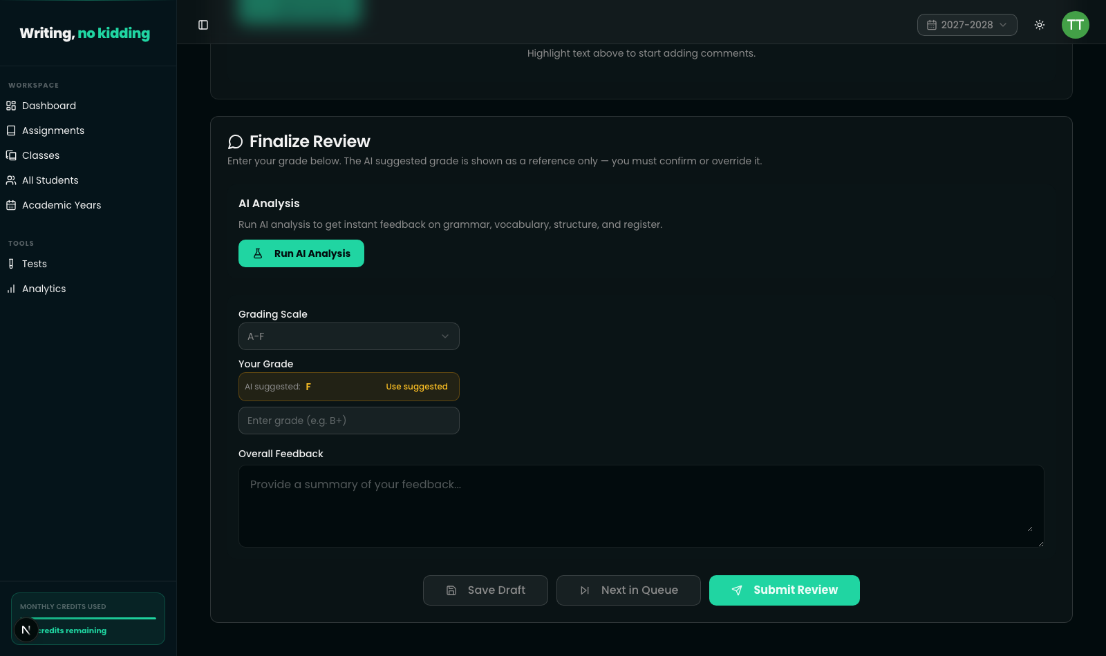 Bottom section of the submission review screen showing the Finalize Review panel with the AI suggested grade displayed alongside a "Use suggested" button and an editable grade input field